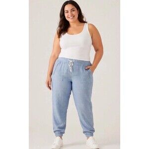 NWT Athleta Size 16 Chambray Blue Cabo Linen Jogger Travel Pants Casual Beach